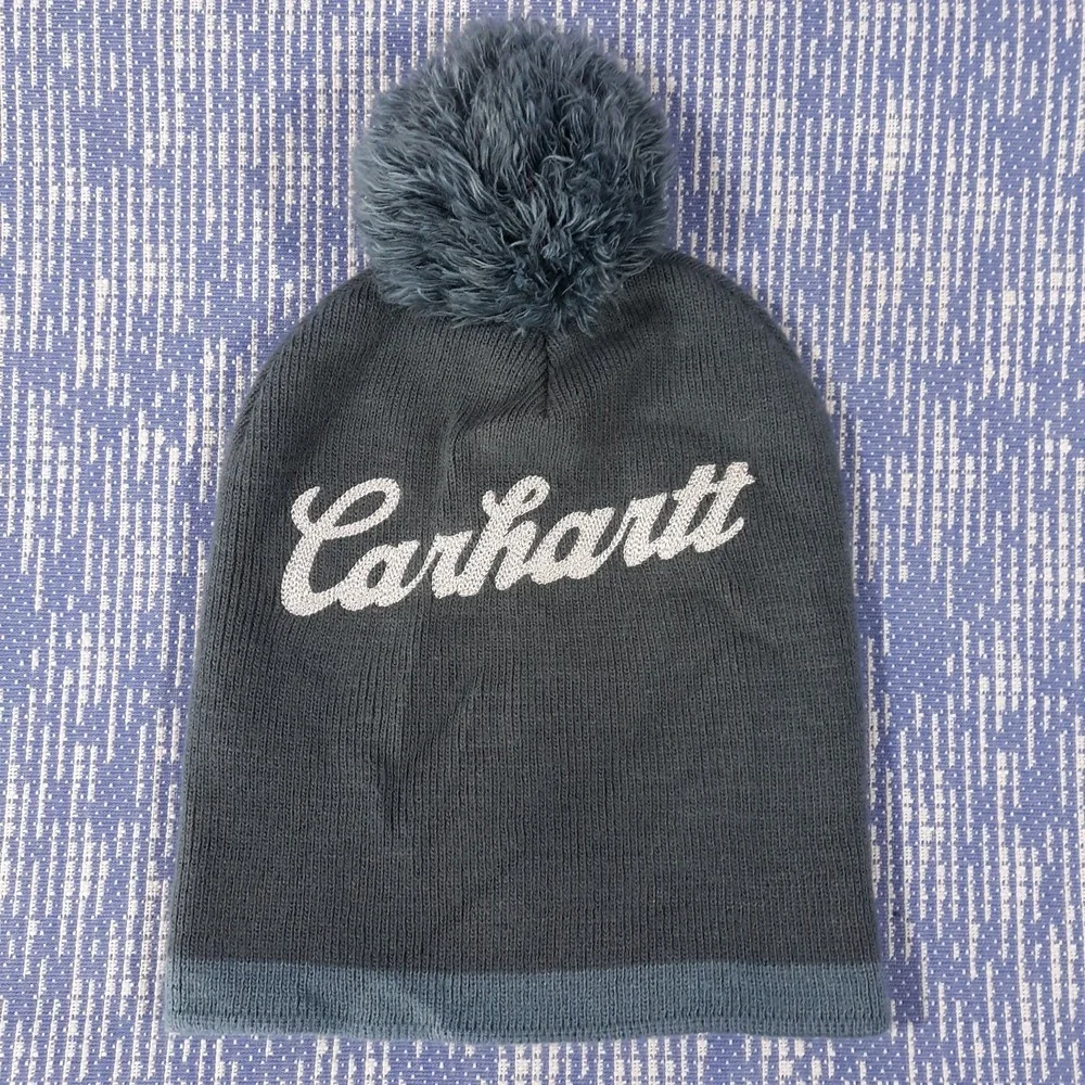 Carhartt Beanie Hat Pom Pom Bobble Knit Gray Spellout Womens One Size Fits All